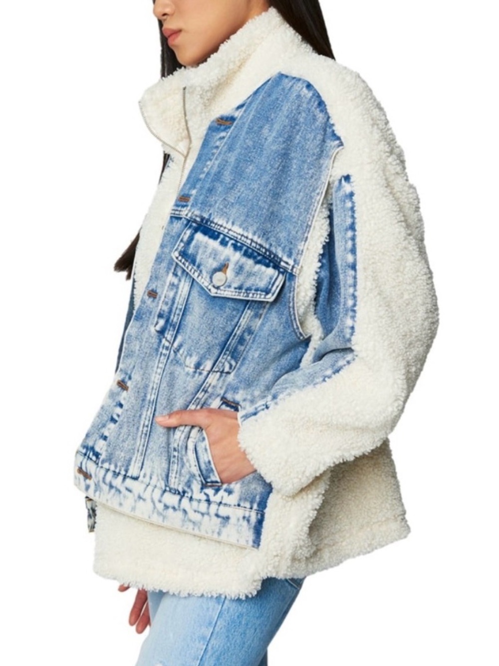 Blank NYC Bear Hug Denim Sherpa Fleece  Streetwear Bomber Jacket Size Small